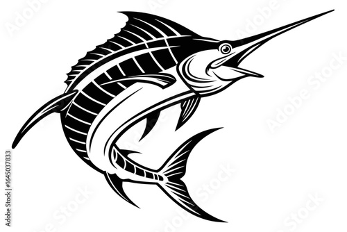 Marlin fish jumping up isolated on white background in black and white