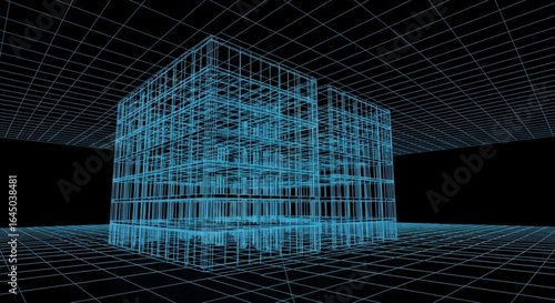 Wireframe building architecture design with grid perspective for virtual reality and metaverse concept