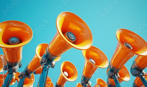 Group of loud orange megaphones, symbolizing noise and attention. This energetic imagery conveys a sense of excitement and enthusiasm, ideal for advertising or events, Generative AI