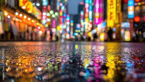 Vibrant neon signs reflect in a rain-slicked street at night, blurring into a colorful, bokeh-filled cityscape