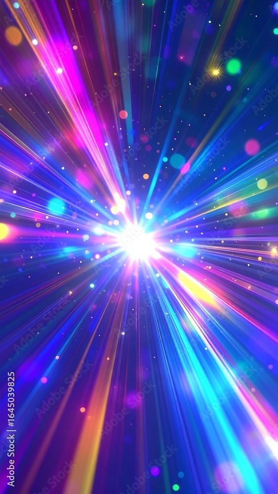 Fototapeta premium Vibrant, multicolored light rays burst from a central point, surrounded by bokeh