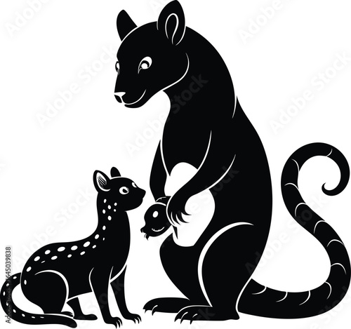 Black Silhouette of a Mother Possum with Two Young Possums