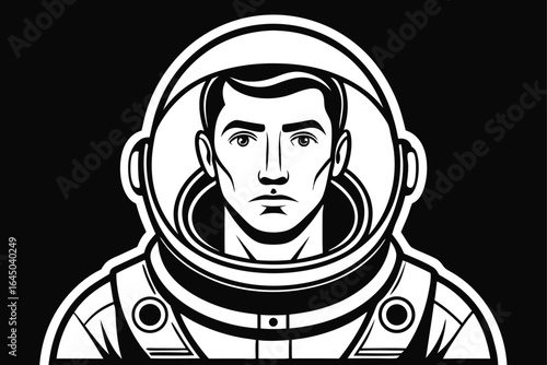 Monochrome astronaut reveals a determined gaze against a stark black backdrop