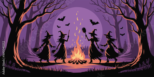 Silhouette witches dancing around bonfire in forest at night