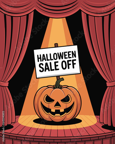 Theatrical stage with giant jack-o’-lantern and glowing Halloween sign