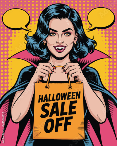 Pop-art vampire woman holding Halloween Sale shopping bag, comic style