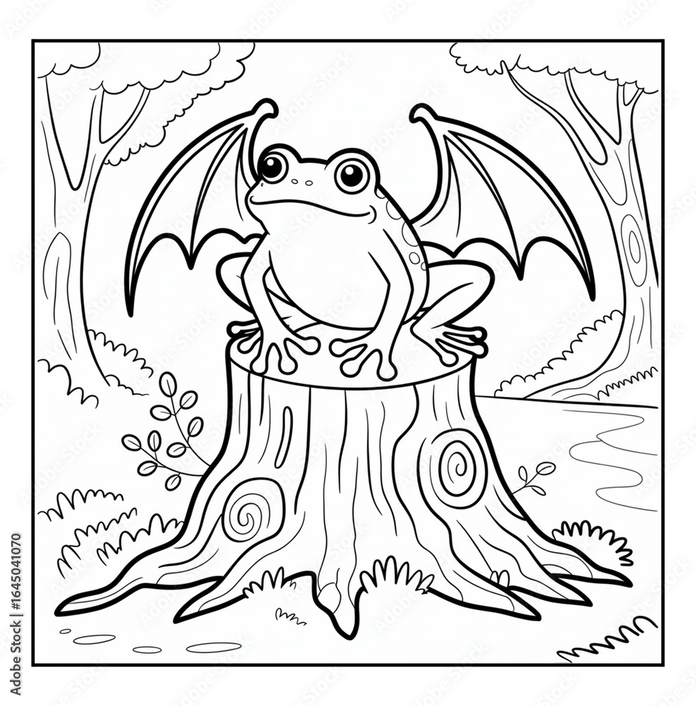Obraz premium A cute frog with dragon wings sitting on a tree stump isolated on white background, coloring page for halloween