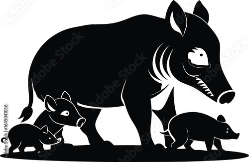 Black Silhouette of Wild Boar and Piglets, Vector Art Illustration