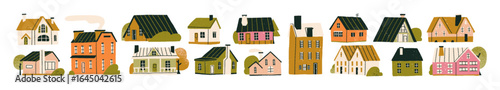 Set of cute suburb houses with trees. Different residential buildings in village, villas, cottages and lodges. Suburban architecture. Flat isolated hand drawn vector illustrations on white background