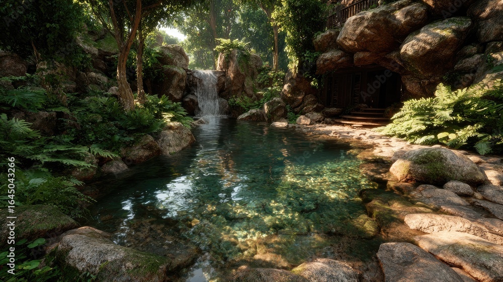Naklejka premium Lush jungle pool with waterfall
