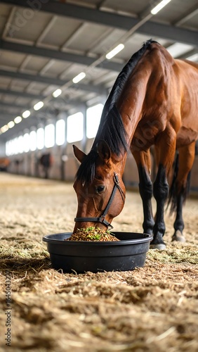 Brown horse eating hay in a stable (1)