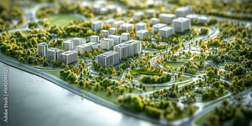 Urban planning and landscaping project featuring a city layout with buildings, parks, and roads, emphasizing the intricate process of urban design and development, Generative AI