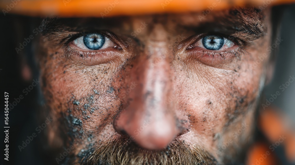 Obraz premium Close-up of a man's face, with blue eyes and dirt smudged on his face. Ideal for illustrating hard work, determination, and blue-collar jobs.