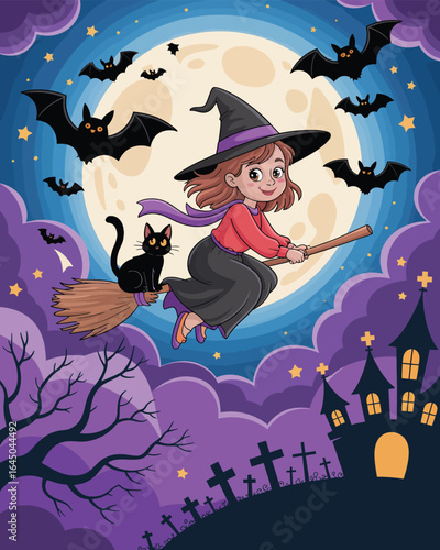 Whimsical illustration of young witch flying on broomstick with black cat, full moon, bats, and spooky landscape