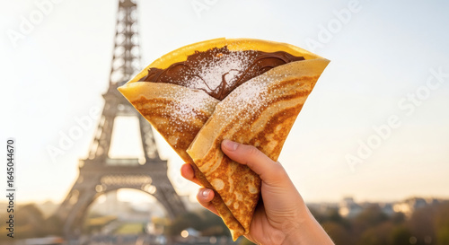 A Hand Holding a Crepe with Chocolate Spread and Powdered Sugar in Front of the Eiffel Tower, Paris