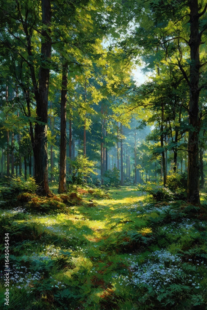 Naklejka premium Sunlit forest path, vibrant green trees, dappled light