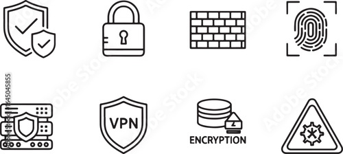 Minimalist Black Cyber Security Line Icons on White Background – Data Protection and Privacy Vector Set