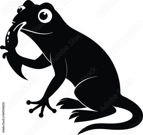 Black Frog Silhouette Eating Insect Vector Illustration