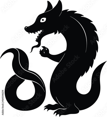 Black Dragon Silhouette: Heraldic Style, Mythical Beast Illustration