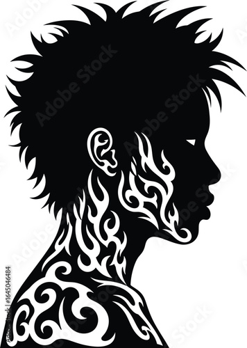 A striking and stylized profile of a woman's face and shoulders with a spiky haircut and tribal tattoo patterns, a black and white vector illustration perfect for beauty, tattoo design, or fashion.