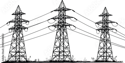 High voltage electricity pylons in grassy field, power transmission towers silhouette, energy grid infrastructure landscape, vector black and white