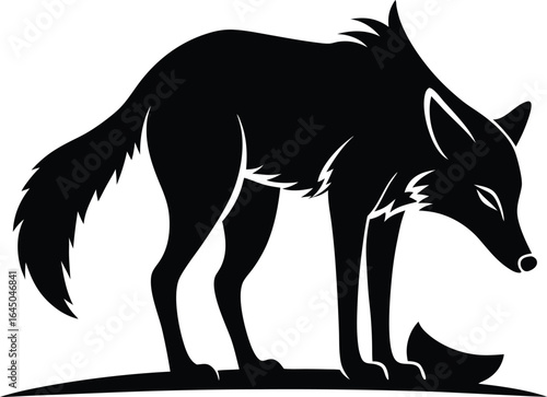 Black Silhouette Coyote Looking Down: Minimalist Vector Art
