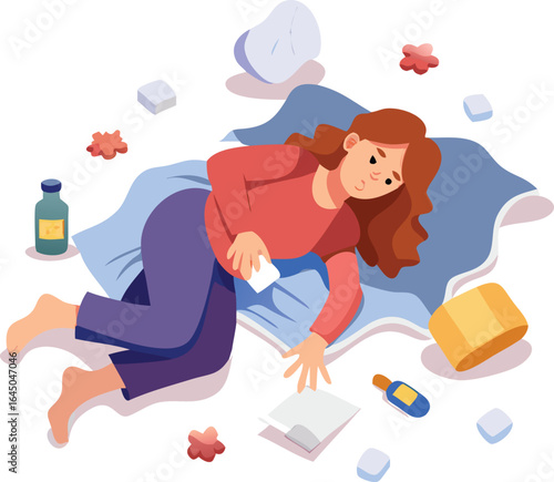 Sick woman lying on bed surrounded by medication and tissues feeling unwell and struggling to read a book