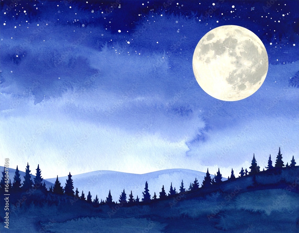 Naklejka premium Fantasy Moonlit Night Landscape, Watercolor Style Illustration Design