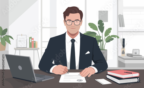 A man in a suit signing a document at his desk in a professional office environment setting indoors