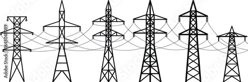 High voltage electricity transmission towers with power lines, energy infrastructure illustration, electric grid system silhouette, utility pole network vector.