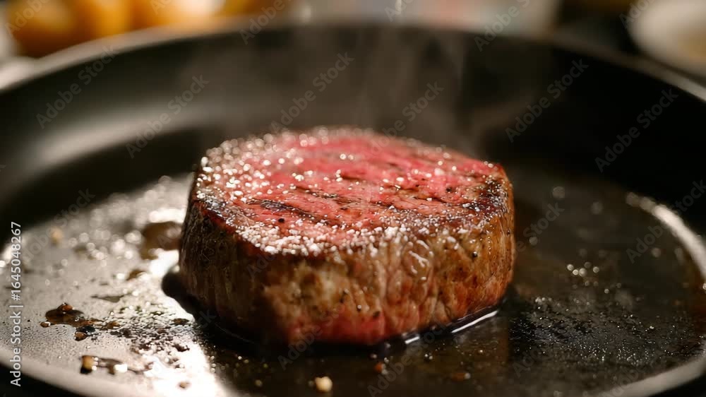 Juicy steak cooking in hot pan with visible steam and seasoning ...