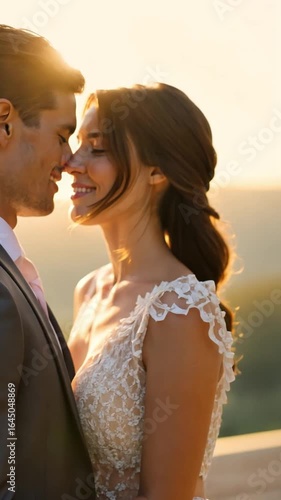 Bride in lace dress looking at groom as he gently kisses her forehead, vertical scene with soft golden light of wedding day.
