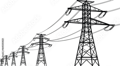 High voltage power lines, electrical transmission towers, energy distribution infrastructure, electric grid network, utility poles, industrial power supply, electrical cables, 