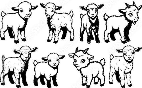 Cute cartoon style baby goat and sheep with fluffy wool create a charming farm animal character collection silhouette set