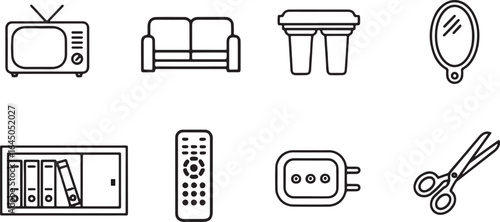Minimalist Black Home Appliance Line Icons on White Background – Modern Household Devices Vector Set
