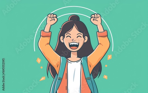 Happy Girl Celebrates Success With Raised Fists