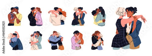 Set of kissing romantic couples. Beloveds cuddle together. Lesbians, gays and heterosexual people are hugging and love each other. LGBT relationships. Flat isolated vector illustrations on white