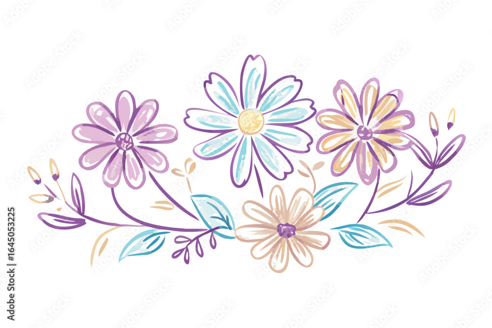 Fototapeta premium Floral border with purple and yellow flowers illustration