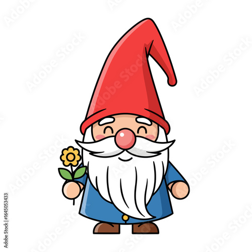 An adorable illustration of a friendly garden gnome in a blue coat and red hat, smiling while holding a flower.