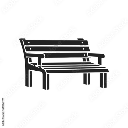 A monochrome vector icon of an empty outdoor park bench with a slatted seat and backrest.