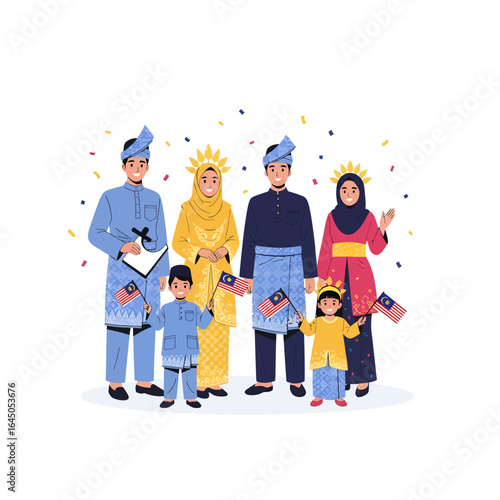 Malaysian family in traditional attire celebrating national day with flags and confetti.