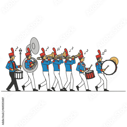 Illustration of a marching band performing, featuring musicians playing various instruments like drums, trumpets, and a tuba.