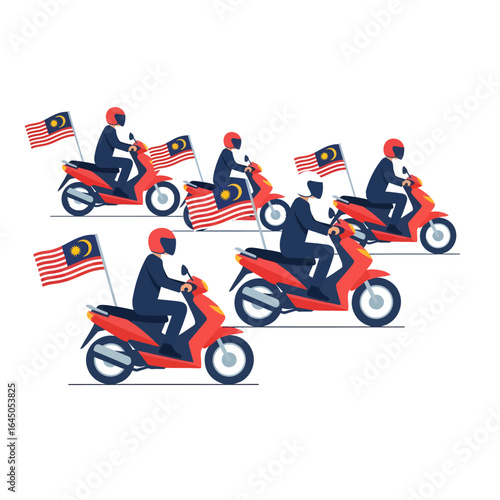 A group of patriotic Malaysians on red scooters in a convoy, waving national flags for a celebration.