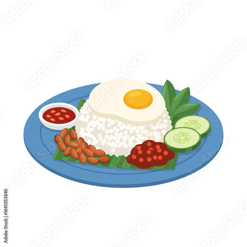A traditional plate of Malaysian Nasi Lemak featuring coconut rice, a fried egg, sambal, anchovies, and sliced cucumber.