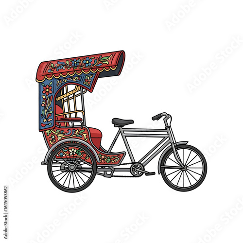 A colorful, ornate cycle rickshaw with intricate floral decorations and a passenger carriage.