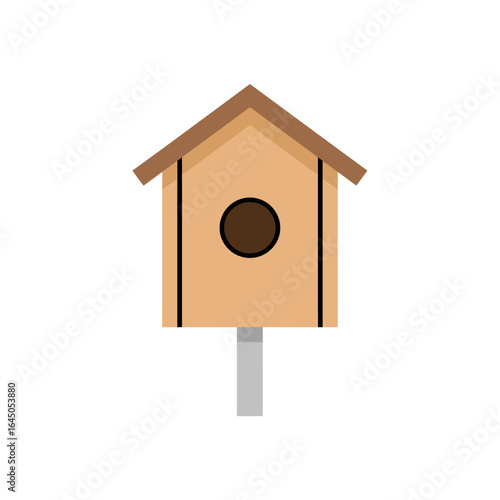 A simple wooden birdhouse with a brown roof and circular entrance, mounted on a grey post.