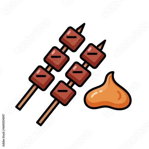 Two skewers of cooked meat cubes, drizzled with a dipping sauce.