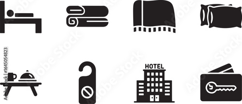 Minimalist Black Hotel Services Line Icons on White Background – Solid Hospitality and Accommodation Vector Icon Set