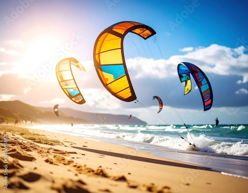 Colorful kitesurfing on a sunny beach