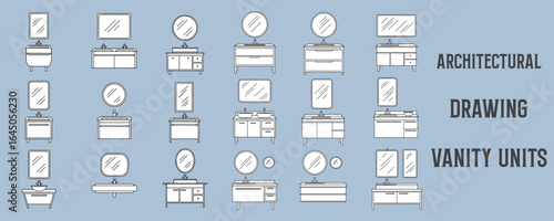 Architectural vector drawings of vanity units with sinks and mirrors in modern and classic styles, detailed black line art bathroom furniture illustrations on blue background for interior design